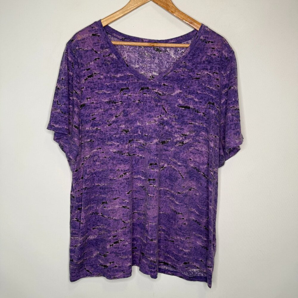 Woman Purple Burn Out Short Sleeve V Neck T-Shirt Size 3X